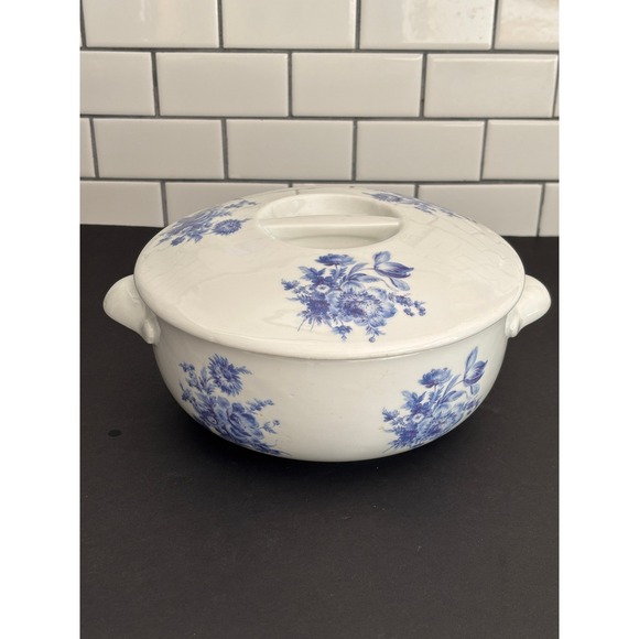 Aplico Other - Apilco Blue White Floral Ceramic Tureen with Lid Round Serving Dish with Handles